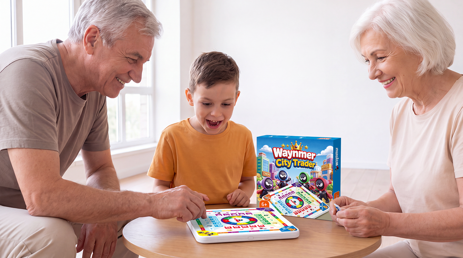 Grandparents and child playing Waynmer City Trader together at a coffee table
